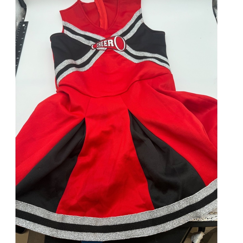 Spirit Halloween Cheerleader Costume Girls Medium 8-10 Red Black Dress Pom Poms - Picture 14 of 16